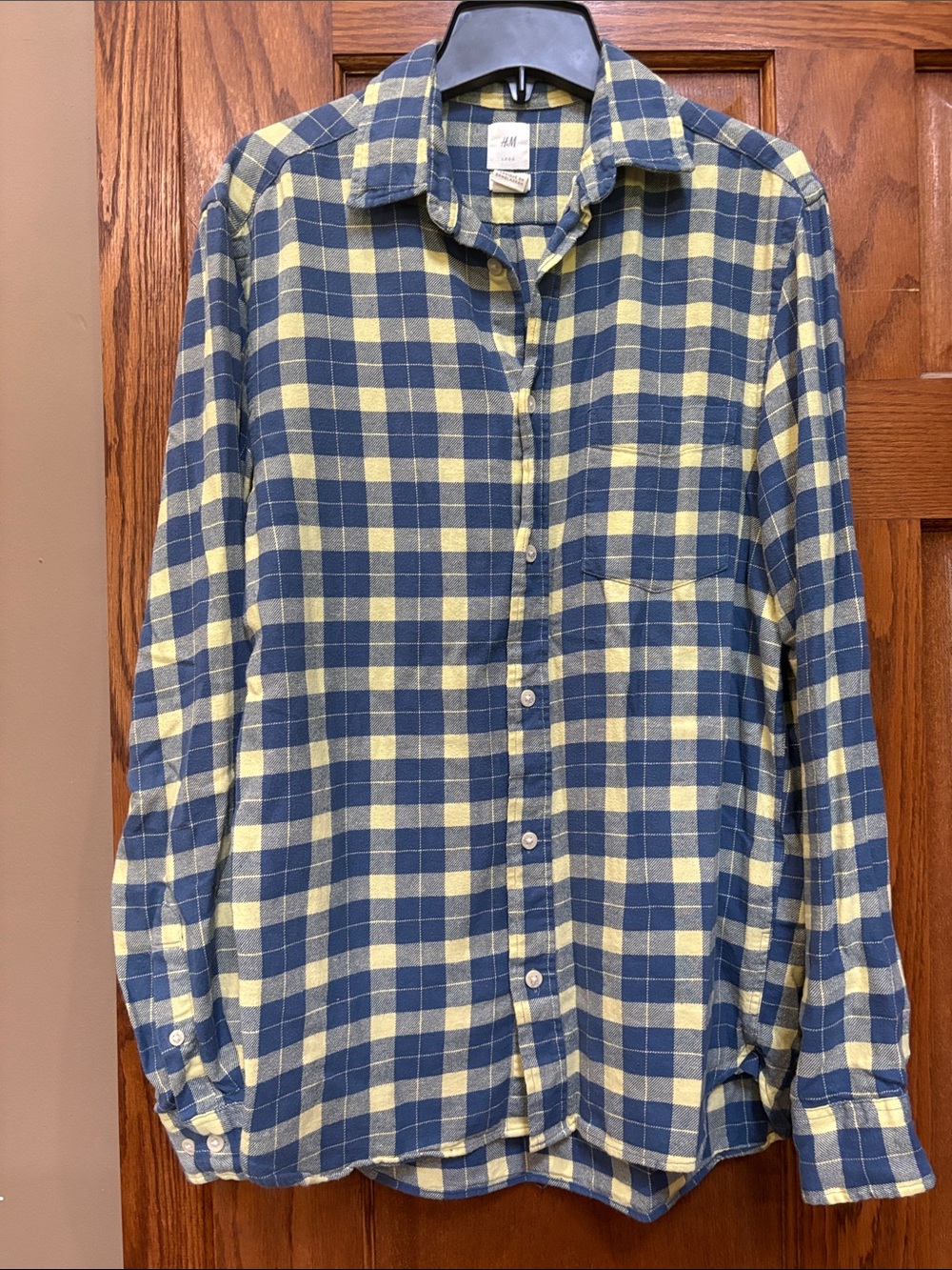H&M Men's Navy and Yellow Plaid Button-Down Shirt Size Small